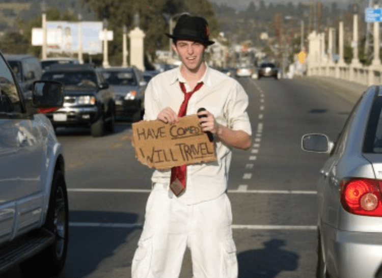 Jared Volle with Have Comedy Will Travel promotional artwork